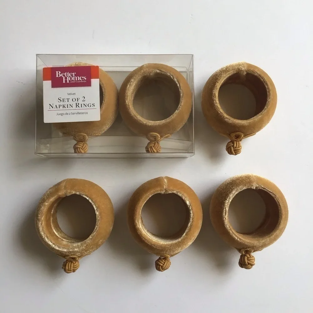 Better Homes & Gardens SET OF 6 Tan Gold Velvet Asian Knot Round Napkin Rings